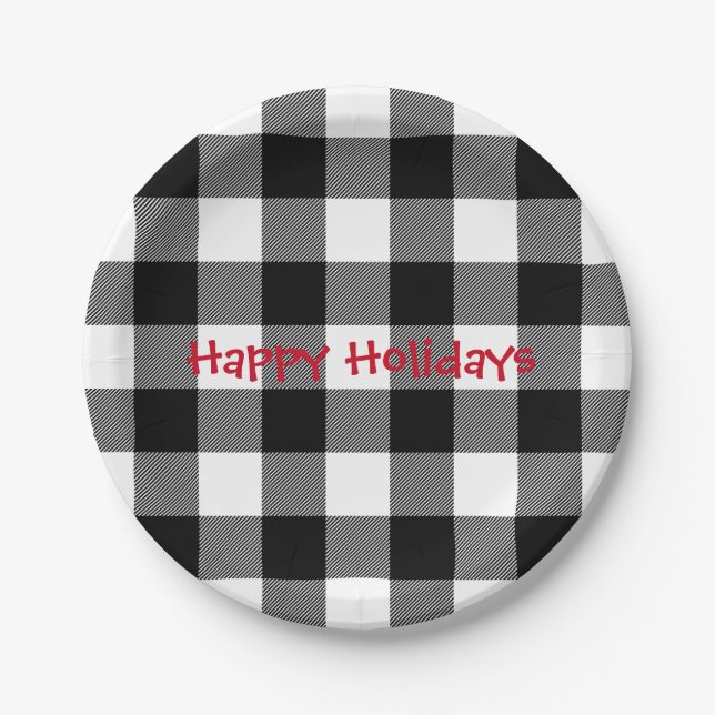 Holiday black and white buffalo plaid paper plate (Front)