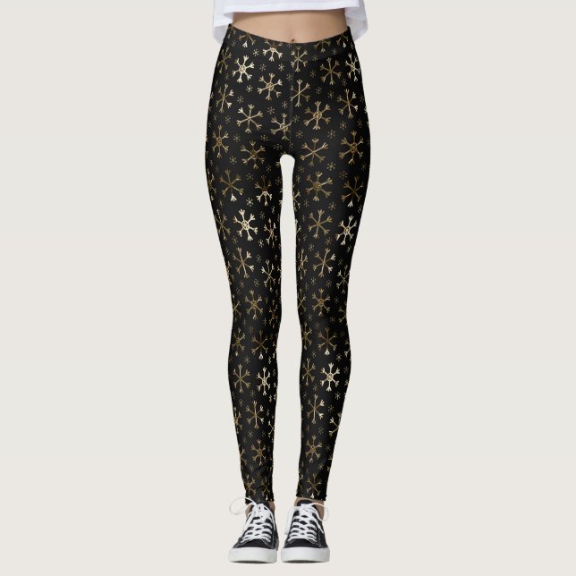 Holiday Black & Gold Metal Christmas Snowflakes Leggings (Front)