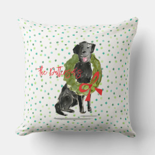 Holiday Black Lab Dog Wreath Holly Family NAME  Cushion
