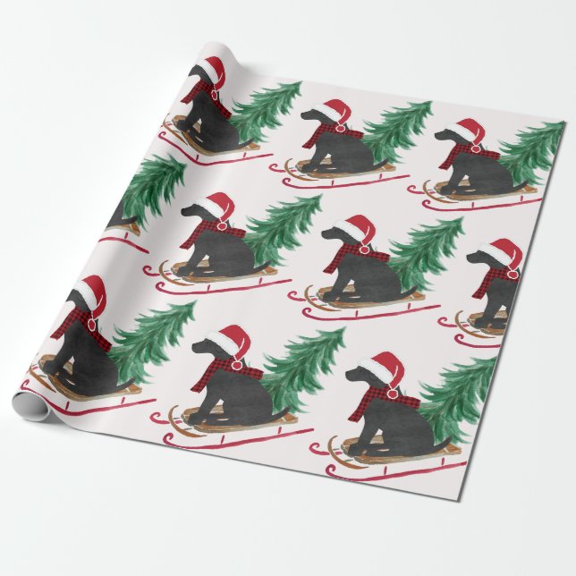 Holiday Black Lab Xmas Tree Sled Wrapping Paper (Unrolled)