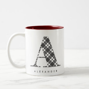 Holiday Black & White Plaid Letter A Two-Tone Coffee Mug