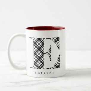 Holiday Black & White Plaid Letter E Two-Tone Coffee Mug