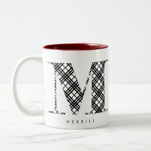 Holiday Black & White Plaid Letter M Two-Tone Coffee Mug