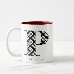 Holiday Black & White Plaid Letter P Two-Tone Coffee Mug