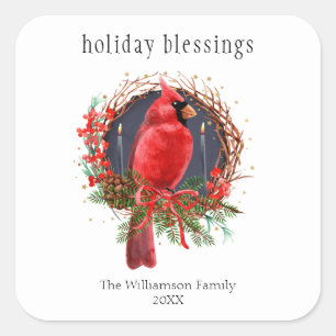 Holiday Blessings Wreath Yule Christmas Cardinal Square Sticker
