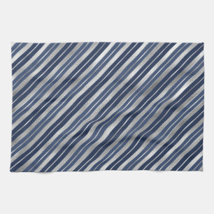 Holiday Blue and Silver Foil Christmas Stripes Tea Towel