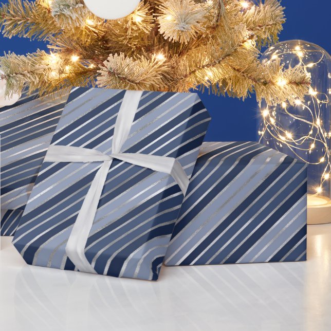 Holiday Blue and Silver Foil Christmas Stripes Wrapping Paper (Holidays)