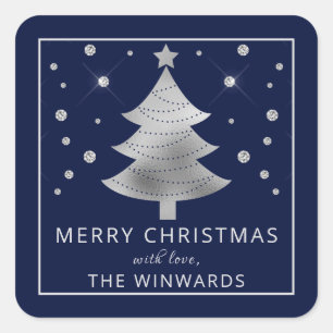 Holiday Blue & Silver Foil Christmas Tree Square Sticker