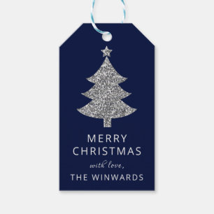 Holiday Blue & Silver Glitter Christmas Tree Gift Tags