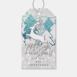 Holiday Blue Spark Hearts Christmas Reindeer Gray Gift Tags