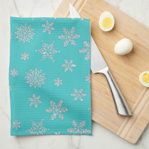 HOLIDAY BLUE WITH SILIVER GLITTER LOOK SNOWFLAKES TEA TOWEL