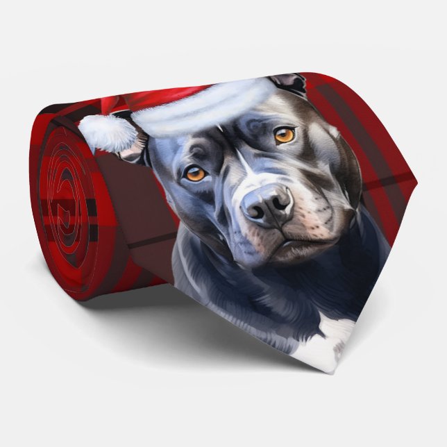 Holiday Bluenose Pit Bull Red Grey Plaid Christmas Tie (Rolled)