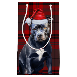 Holiday Bluenose Pitbull Dog Red Plaid Christmas Small Gift Bag