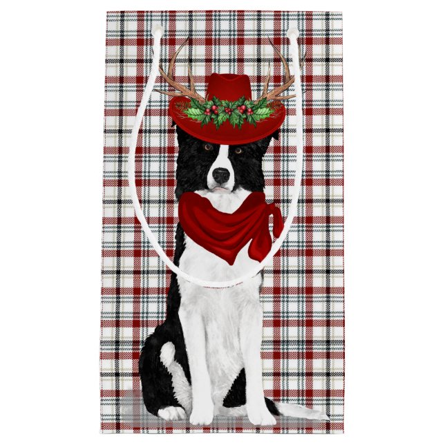 Holiday Border Collie and Western Plaid Christmas Small Gift Bag (Front)