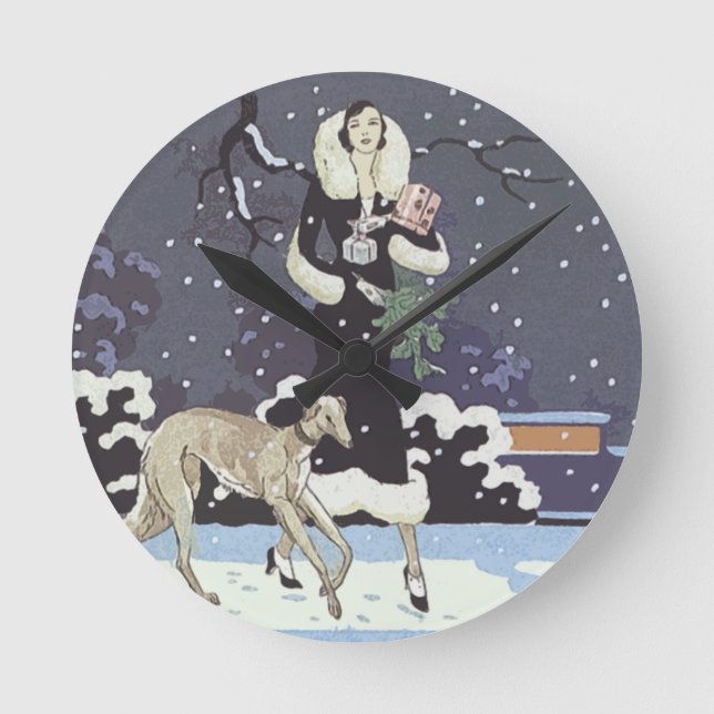 Holiday Borzoi Lady In Snow Round Clock (Front)