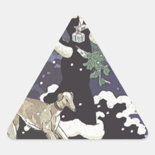 Holiday Borzoi Lady In Snow Triangle Sticker