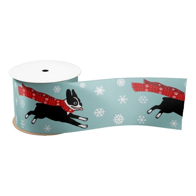 Holiday Boston Terrier with Snowflakes Christmas Satin Ribbon (Spool)