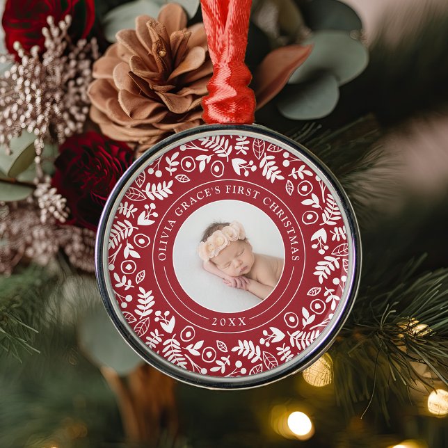 Holiday Botanical | Baby's First Christmas Photo Metal Tree Decoration (Creator Uploaded)