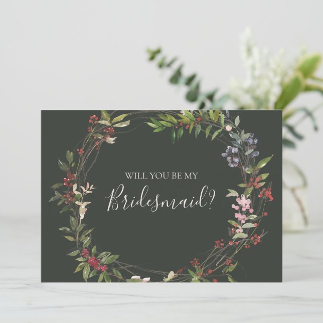 Holiday Botanical Green Bridesmaid Proposal Card (Standing Front)