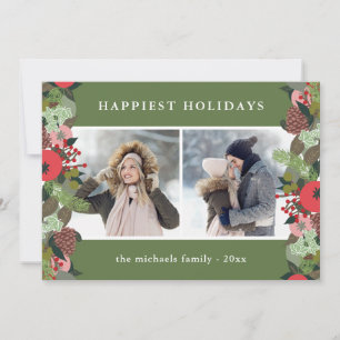 Holiday Botanical Green Christmas Two Photo Card