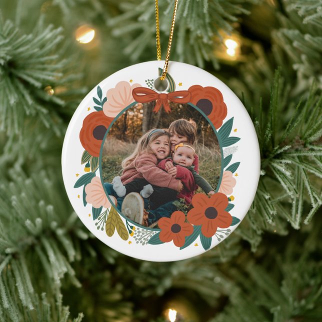 Holiday Botanical Red Flowers Wreath Christmas Ceramic Tree Decoration (Creator Uploaded)