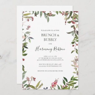 Holiday Botanical White Brunch and Bubbly Shower Invitation