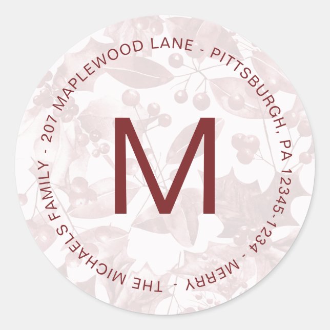 Holiday Botanical With Red Monogram and Address Classic Round Sticker (Front)