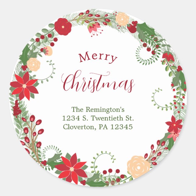 Holiday Botanical Wreath Merry Christmas Address Classic Round Sticker (Front)