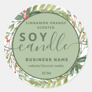 Holiday botanical wreath script soy candle label