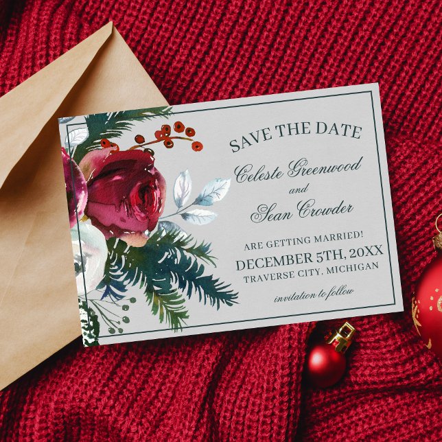 Holiday Bouquet Evergreen Floral Photo Wedding Save The Date (Creator Uploaded)