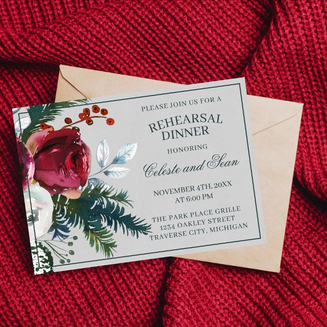 Holiday Bouquet Evergreen Photo Rehearsal Dinner Invitation (Creator Uploaded)