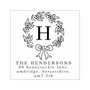 Holiday Bow Wreath Family Monogram Address Rubber Stamp