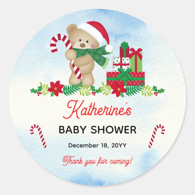 Holiday Boy Bear Bearly Wait Baby Shower Thank You Classic Round Sticker (Front)