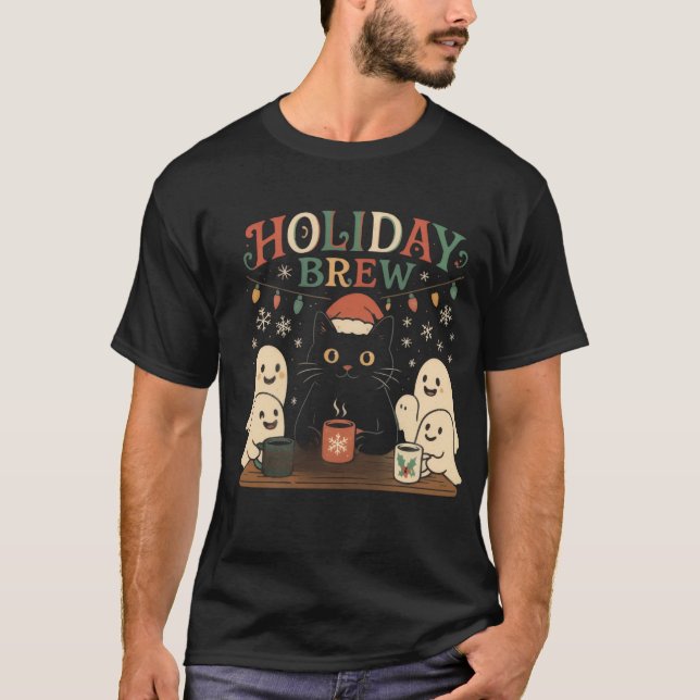 Holiday Brew - Cute Black Cat & Ghosts Christmas  T-Shirt (Front)