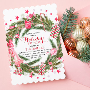 Holiday Brunch Elegant Christmas Floral Wreath Invitation