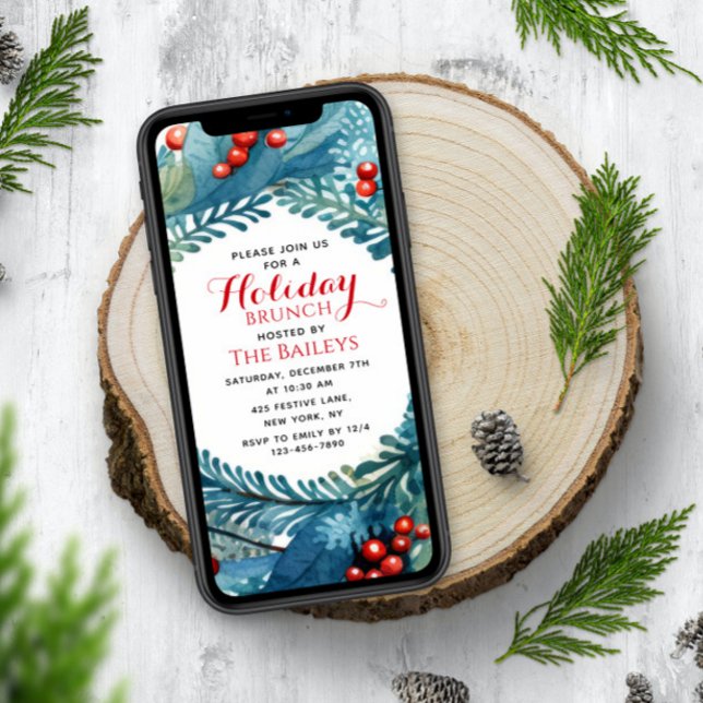 Holiday Brunch Elegant Christmas Floral Wreath Invitation (Creator Uploaded)