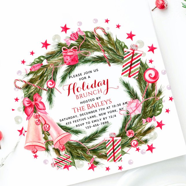 Holiday Brunch Elegant Christmas Floral Wreath Invitation (Creator Uploaded)