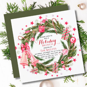 Holiday Brunch Elegant Christmas Floral Wreath Invitation