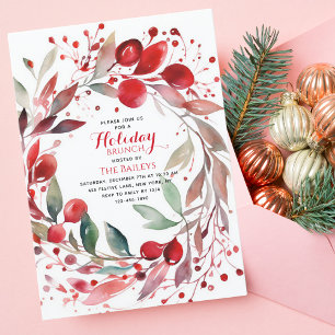 Holiday Brunch Elegant Christmas Red Floral Wreath Invitation