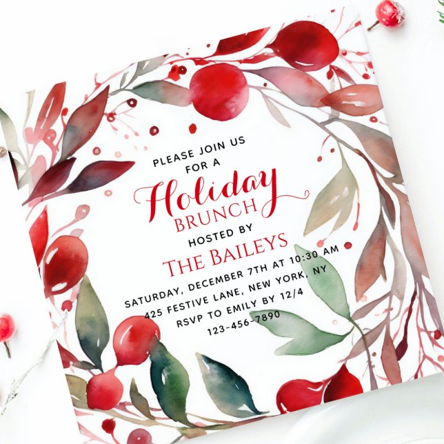 Holiday Brunch Elegant Christmas Red Floral Wreath Invitation (Creator Uploaded)