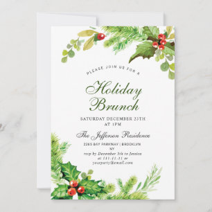 Holiday Brunch Red Holly Berry Christmas Invitation