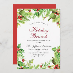 Holiday Brunch Red Holly Berry  Christmas Invitation