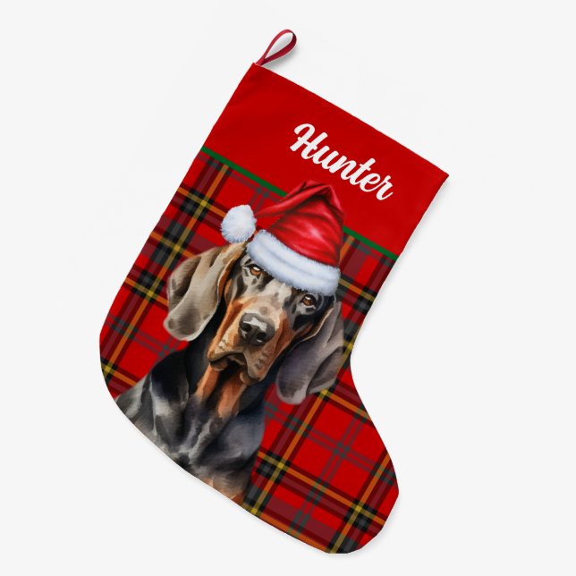 Holiday BT Coonhound Red Green Plaid Dog's Name Large Christmas Stocking (Front (Hanging))