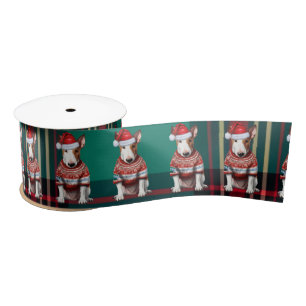 Holiday Bull Terrier Dog Red and Green Plaid Satin Ribbon