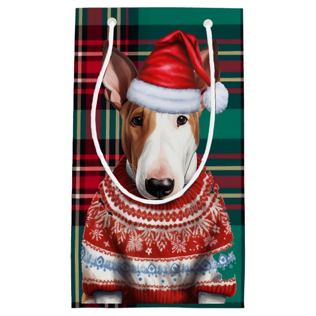 Holiday Bull Terrier Dog Red Green Plaid Christmas Small Gift Bag (Front)