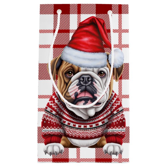 Holiday Bulldog Red and White Plaid Christmas Small Gift Bag (Front)