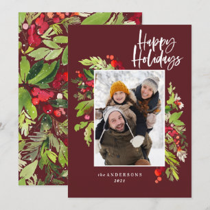 Holiday burgundy foliage traditional rustic photo card