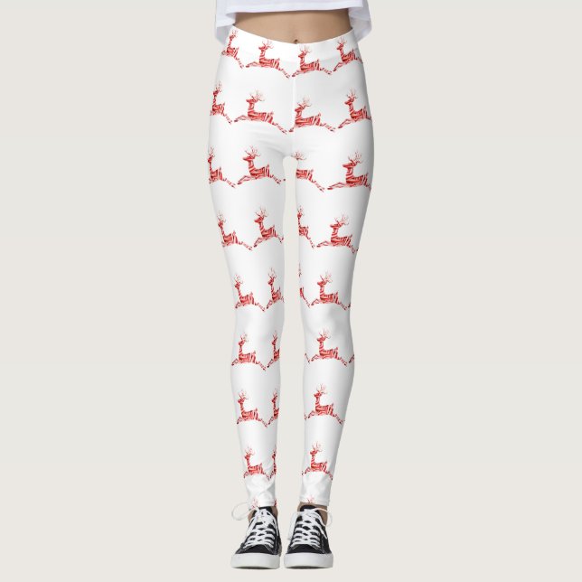 Holiday Candy Cane Reindeer on white Leggings (Front)