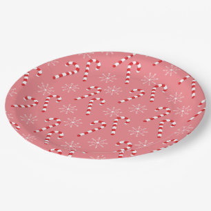 Holiday Candy Canes and Snowflake Pink Paper Plate