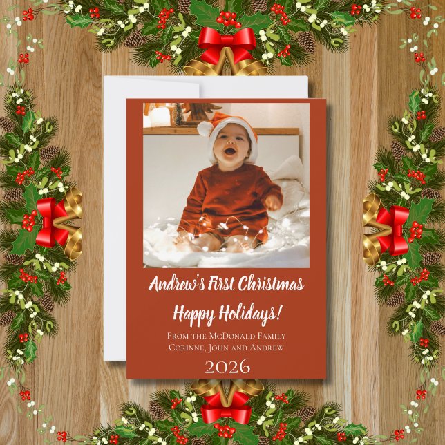 Holiday card baby's first Christmas red name year (Creator Uploaded)